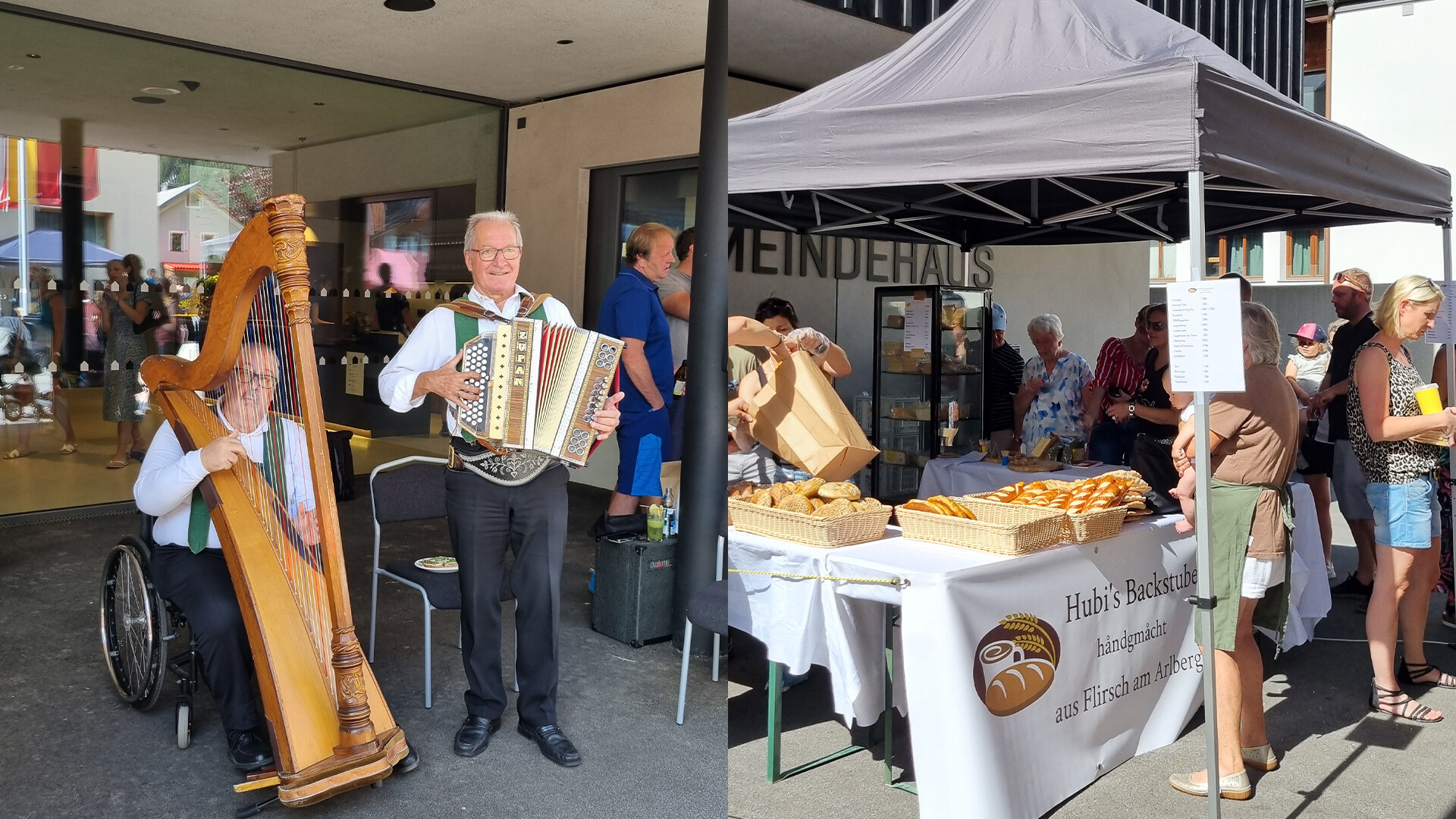 Links Musikanten mit Harfe und Ziehharmonika, rechts frisches Brotangebot unter Marktzelt. / Left: musicians with harp and accordion, right: fresh bread stand under market tent.