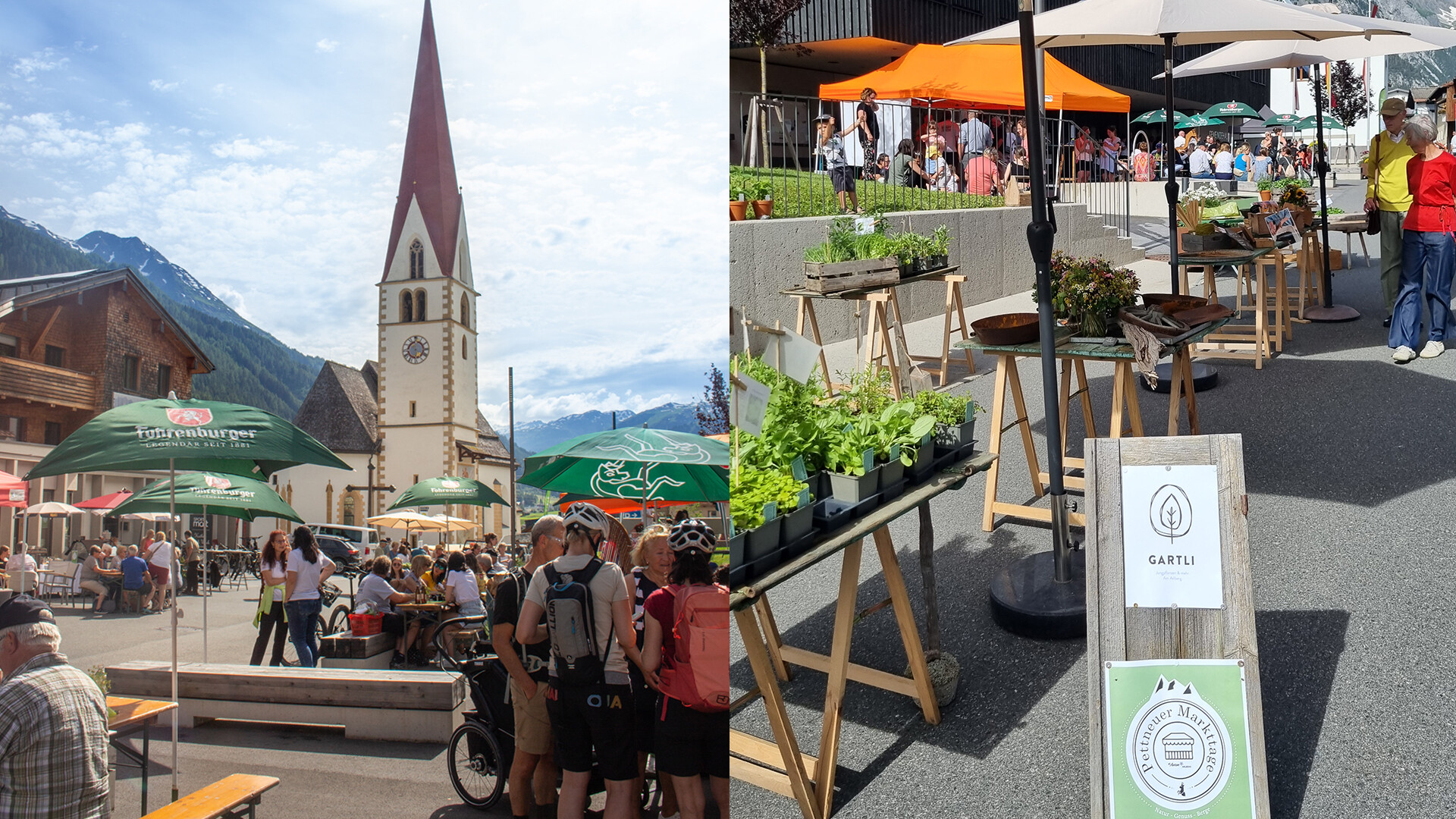 Markttreiben auf dem Dorfplatz von St. Anton mit Blick auf die Kirche, Marktstände und viele Besucherinnen und Besucher. / Market scene on the village square of St. Anton with a view of the church, market stalls and many visitors.