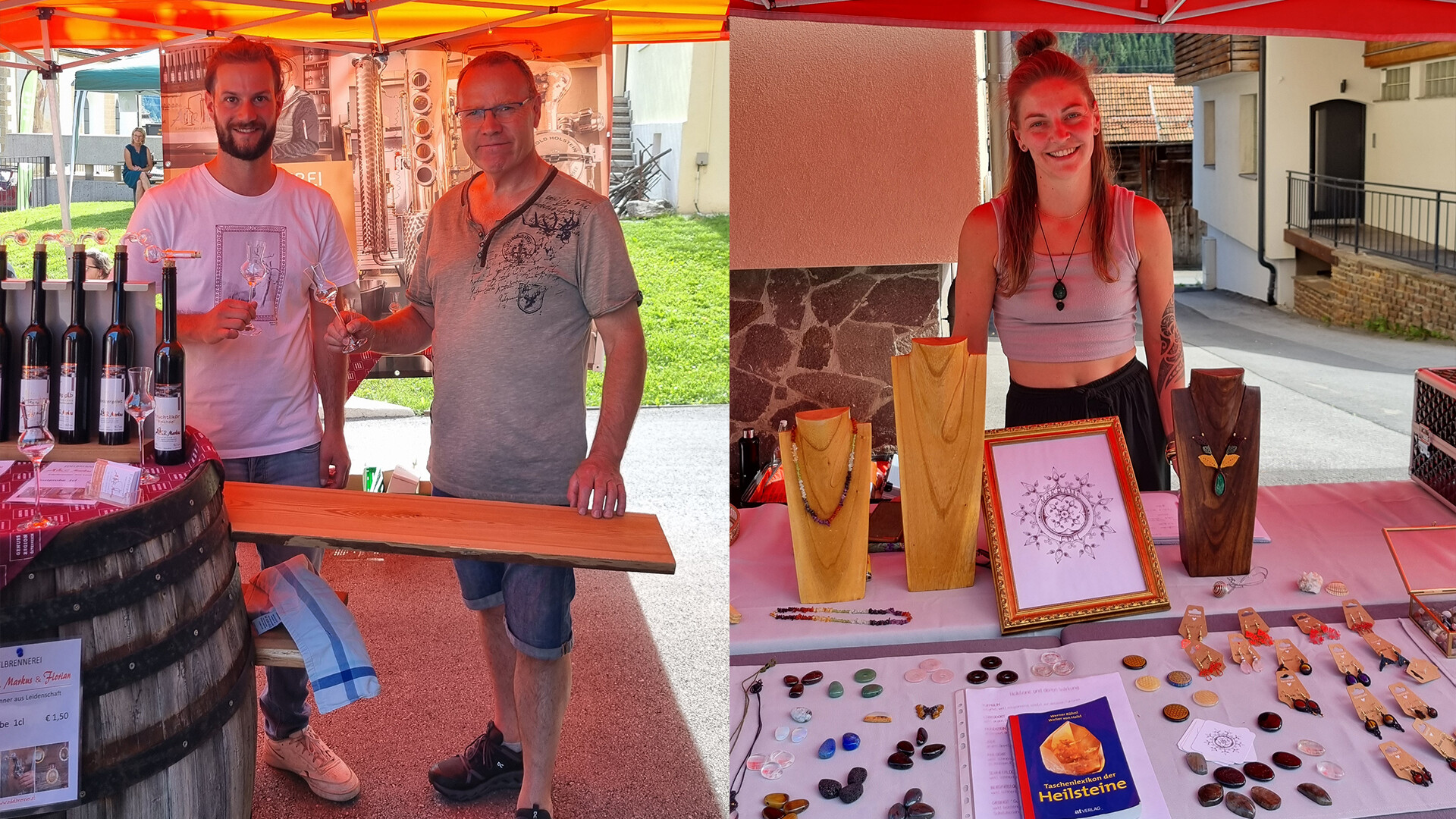 Links Winzer mit Weinverkostung unter Pavillon, rechts Kunsthandwerkerin mit Schmuckauslage. / Left: winemaker offering wine tasting under pavilion, right: artisan presenting handmade jewelry.