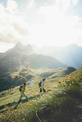 Zwei Wanderer steigen einen blumenreichen Hang in den Bergen hinauf. Sonnenstrahlen brechen durch die Wolken und tauchen die Landschaft in goldenes Licht.