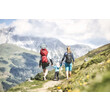 Familie wandert gemeinsam einen alpinen Weg mit blühenden Wiesen und Bergkulisse / Family hikes along an alpine trail with blooming meadows and mountain scenery