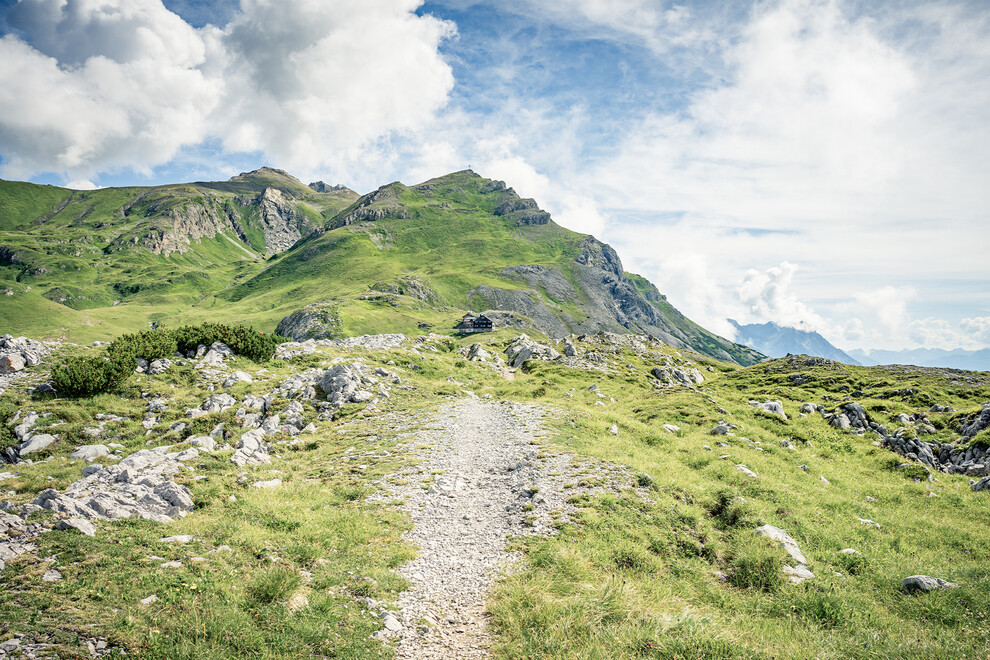 Ein schmaler Wanderpfad führt durch grüne Almwiesen hinauf zu einem aussichtsreichen Bergrücken / A narrow hiking trail leads through green alpine meadows to a scenic ridge