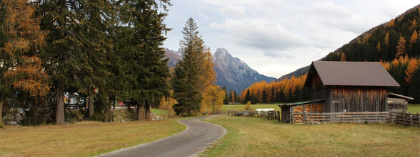 The Stanzertal cycle path as it leads through an autumnal meadow landscape with trees, a wooden hut and mountain views.