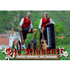 Advertising material for Klauser, they are standing in the countryside with their instruments, and a church can be seen in the background.