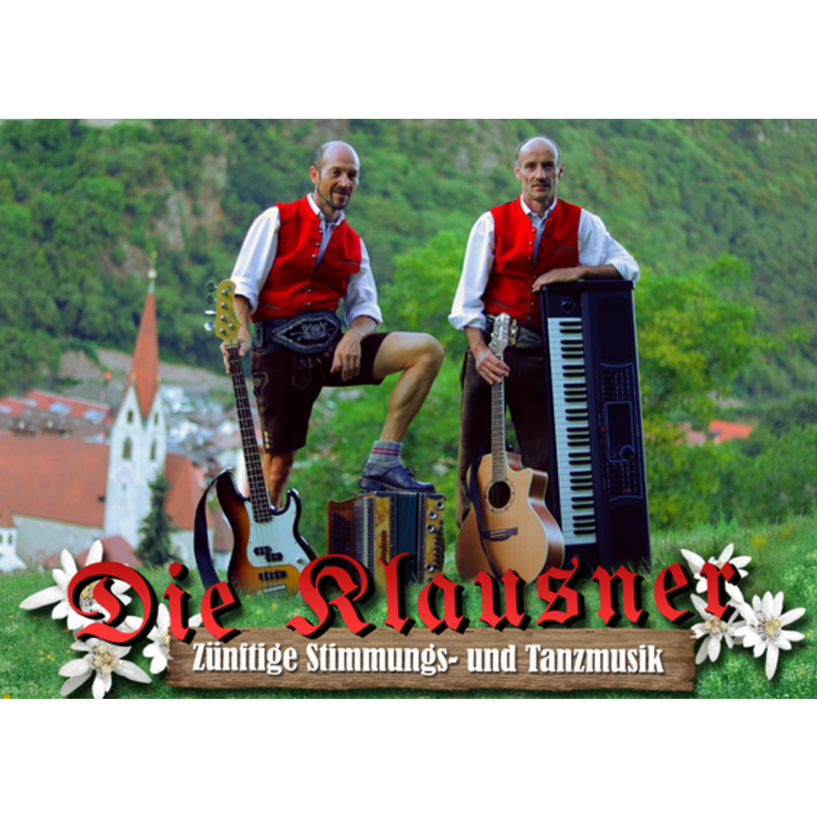 Advertising material for Klauser, they are standing in the countryside with their instruments, and a church can be seen in the background.