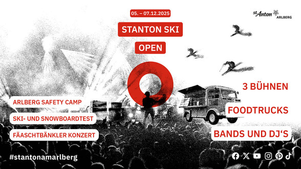 Event poster for Stanton Ski Open Festival, December 5–7, 2025, featuring a concert scene.