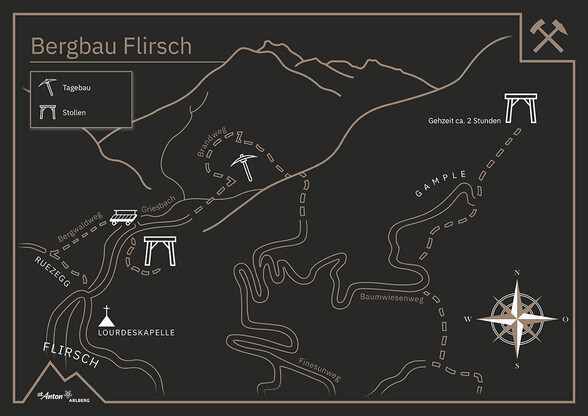 Karte des Bergwerkes Flirsch, golden skizziert, mit weißen Icons auf schwarzem Grund