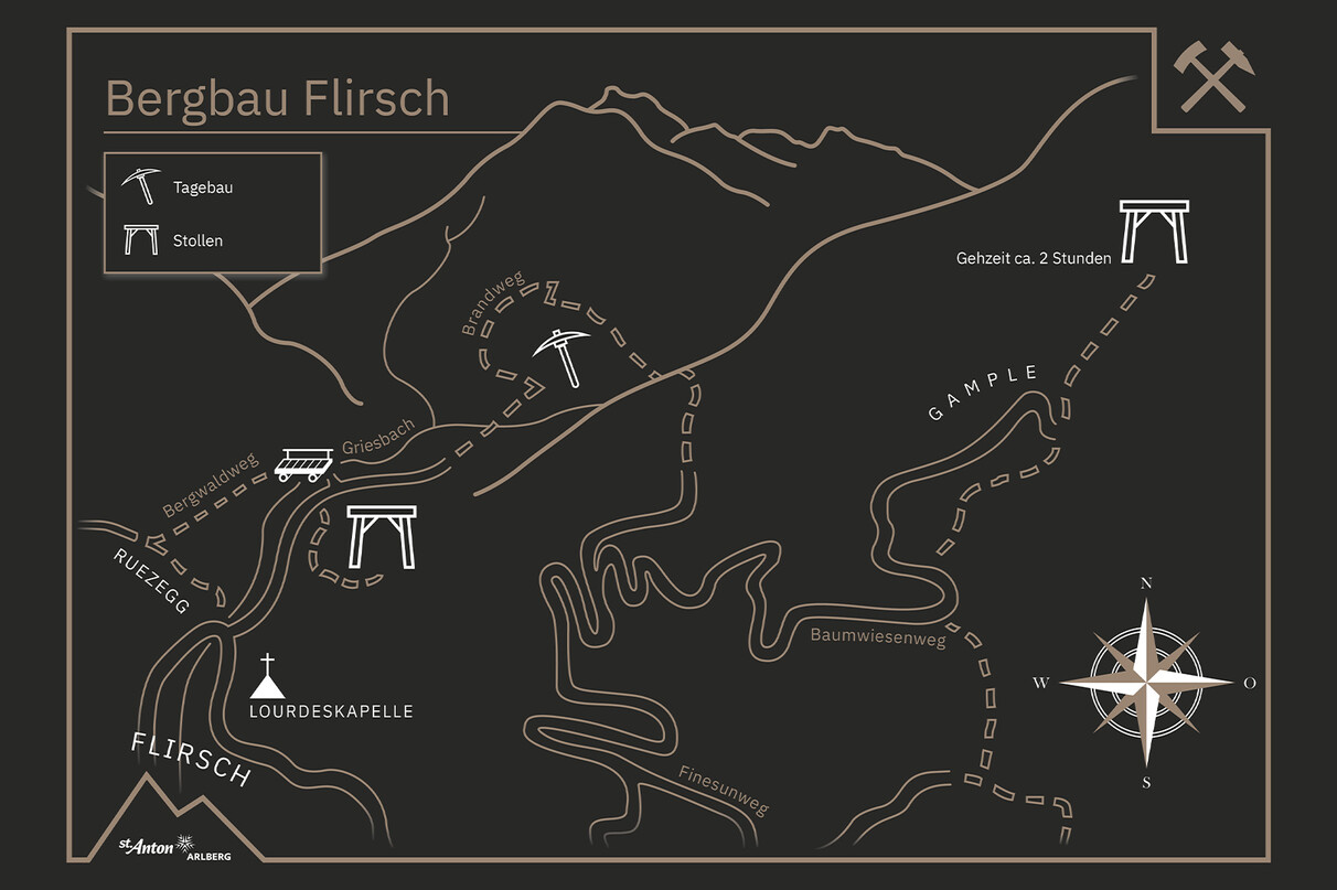 Karte des Berkwerkes Flirsch auf dunkelem Grund mit goldenen Skizzen und weißen Icons / Map of the Flirsch mine on a dark background with golden sketches and white icons