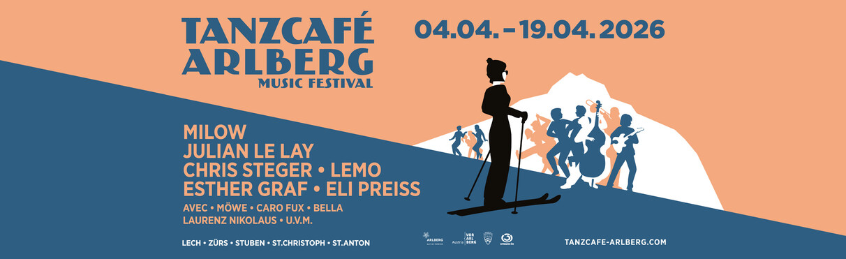 Tanzcafe Arlberg Sujet mit Charikaturen und Infos zum Event