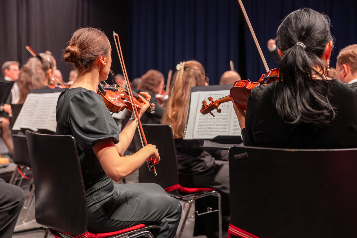 Geigerinnen im Orchester während des Konzerts / Violinists performing during the concert