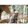 Holzhindernis im Waldseilgarten Gesicherte Person krabbelt durch ein Holzhindernis im Waldseilgarten.
