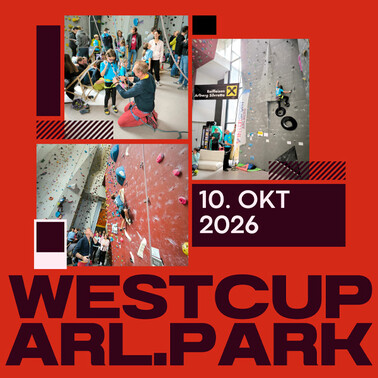 Westcup Sujet, Kletterbilder auf rotem Grund mit Titel und Datum