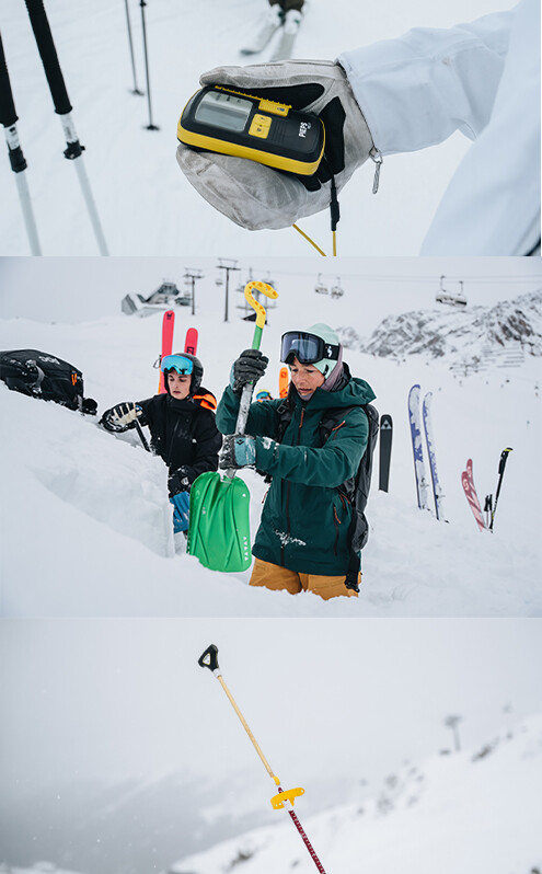 Person wearing ski gloves holding a yellow and black avalanche transceiver device
