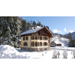 Historisches Gebäude im Schnee mit Bergkulisse im Hintergrund. / Historic house surrounded by snow and forest with mountain backdrop.
