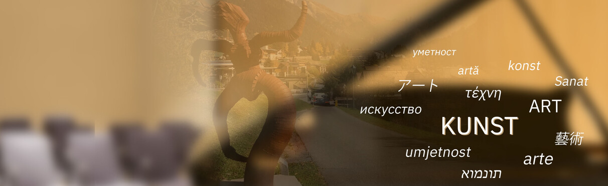 Graphic with a modern sculpture in the foreground and the word ‘art’ in multiple languages – symbolic image for international art and cultural diversity in St. Anton am Arlberg.