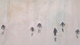 Minimalist painting with six stylized ski figures on a white background – abstract representation of skiers in motion.