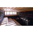 Traditionell gestalteter Saunaraum mit Holzverkleidung und Blick ins Freie / Traditional sauna room with wooden interior and outdoor view