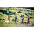 Drei Radfahrer:innen auf Bergstraße nahe Haltestelle / Three cyclists on mountain road near bus stop