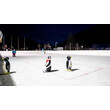 Mehrere Pinguinfiguren stehen am Rand einer nächtlich beleuchteten Kunsteisfläche bereit / Several penguin figures stand ready at the edge of a night-lit artificial ice rink