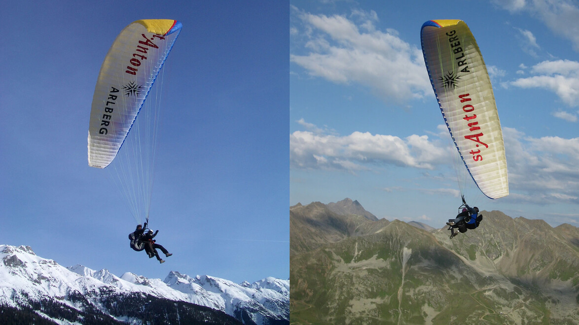 Zwei Tandem-Gleitschirmflüge über verschneiter und grüner Berglandschaft / Two tandem flights above snowy and green alpine scenery