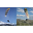 Zwei Tandem-Gleitschirmflüge über verschneiter und grüner Berglandschaft / Two tandem flights above snowy and green alpine scenery