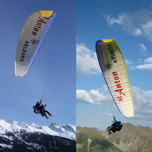 Paraglider flying above impressive Alpine panorama in summer or winter.