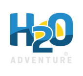 H2O Adventure logo with blue letters and a yellow sun shape inside the zero.