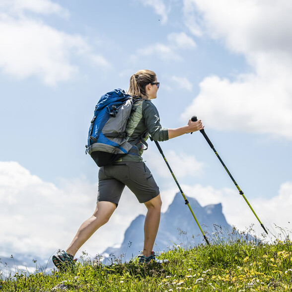 Wanderin mit Rucksack und Stöcken steigt einen sonnigen Hang mit Bergblick hinauf.