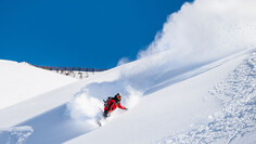 Freerider glides through deep powder snow under a clear blue sky.