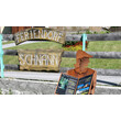 Themenweg-Figur mit Buch steht vor einem Holzschild mit „Feriendorf Schnann“ / Themed trail figure with book in front of a wooden sign reading “Feriendorf Schnann”