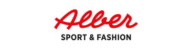 Logo von Alber Sport &amp; Fashion. Das Wort „Alber“ ist in roter Handschrift dargestellt, darunter steht in schwarzer Blockschrift „SPORT &amp; FASHION“. Das Logo steht für Sportbekleidung und Ausrüstung im Arlberggebiet.