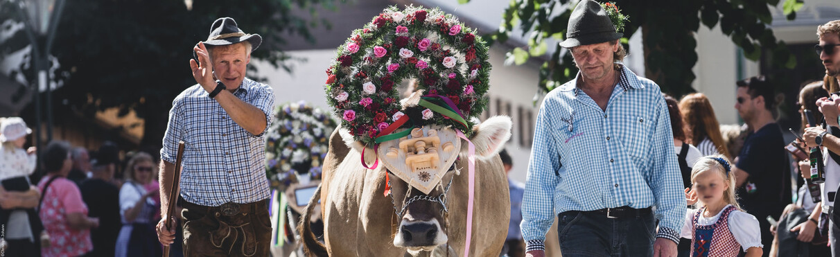 Cattle drive in St. Anton with festively decorated cows and traditional attire.