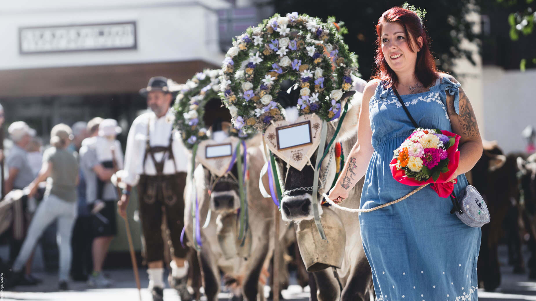 Festlich geschmückte Kühe werden von einer Frau im Dirndl durch ein Dorf geführt, im Hintergrund viele Zuschauer. / Decorated cows are led through a village by a woman in a dirndl, with many spectators in the background.