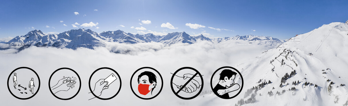Panoramic view of a snow-covered mountain landscape with icons for COVID-19 safety rules. The symbols highlight keeping distance, handwashing, wearing masks, sneezing into the elbow, avoiding handshakes, and caring for each other.