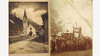Altes Foto der Kirche und historische Prozession mit Menschen in Tracht / Old photo of a church and historical procession with people in traditional dress