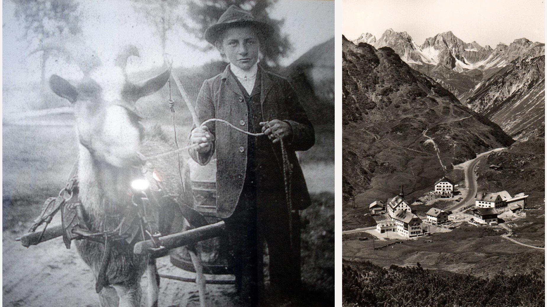 Schwarz-Weiß-Foto eines Bauern mit Kuh und einer historischen Bergdorfansicht daneben / Black and white photo of a farmer with a cow and a historical mountain village view beside