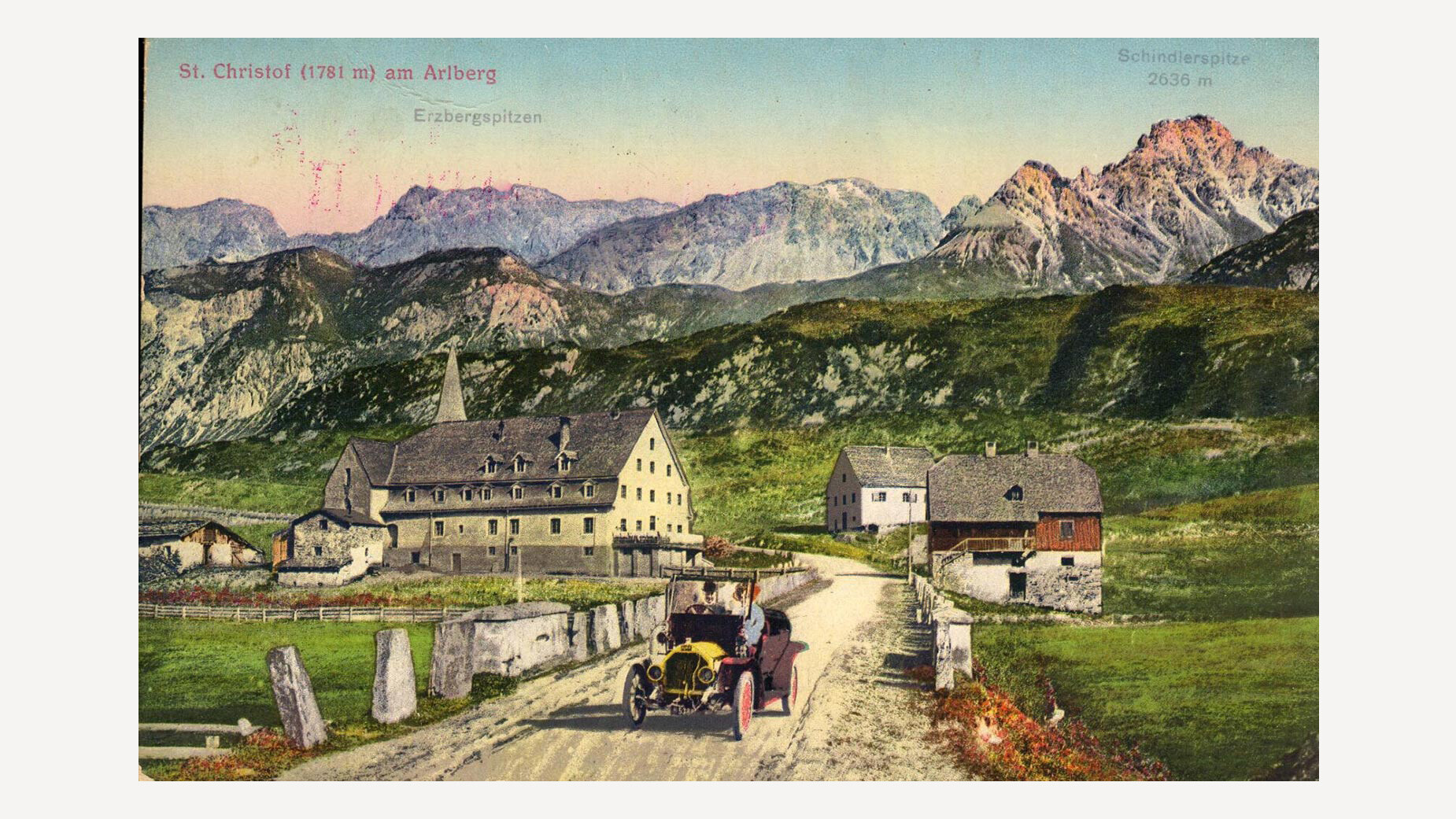 Historische kolorierte Postkarte mit Almen, Wanderweg und Bergkulisse bei St. Christoph / Historical color postcard showing alpine huts, hiking path and mountain scenery near St. Christoph