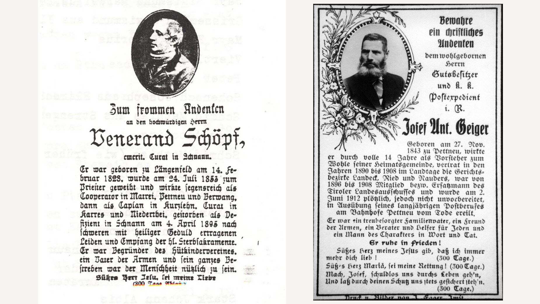 Zwei alte Sterbebildchen mit Porträts und Texten von historischen Persönlichkeiten aus der Region / Two old memorial cards with portraits and texts of historic local personalities