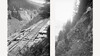 Zweiteilige historische Aufnahme von Schienenbauarbeiten und einer steilen Gebirgsstrecke entlang der Arlbergbahn / Two-part historical image of track construction and steep mountain terrain along the Arlberg railway
