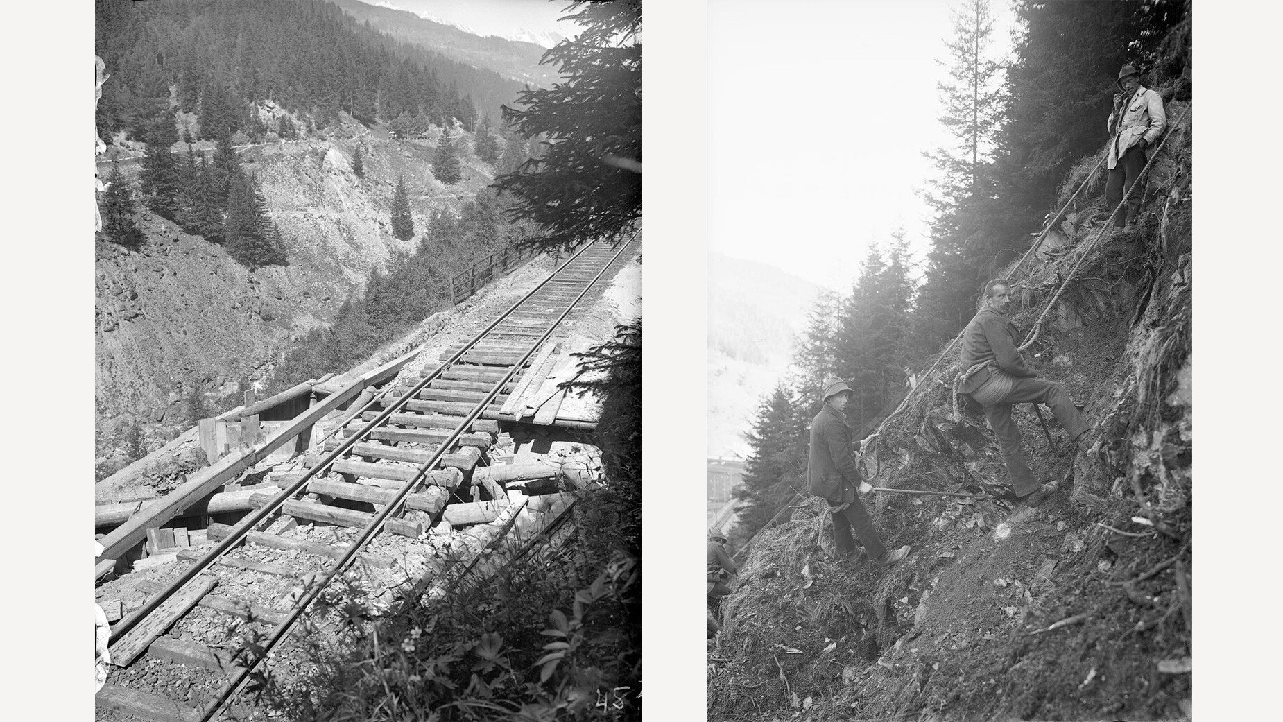 Zweiteilige historische Aufnahme von Schienenbauarbeiten und einer steilen Gebirgsstrecke entlang der Arlbergbahn / Two-part historical image of track construction and steep mountain terrain along the Arlberg railway