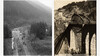 Zweiteilige historische Aufnahme: links Bauarbeiten an Bahnstrecke im Waldgebiet, rechts die Trisannabrücke mit Stahlkonstruktion und Talblick / Two-part historical image: left shows railway construction in forested area, right the Trisanna Bridge with steel structure and valley view