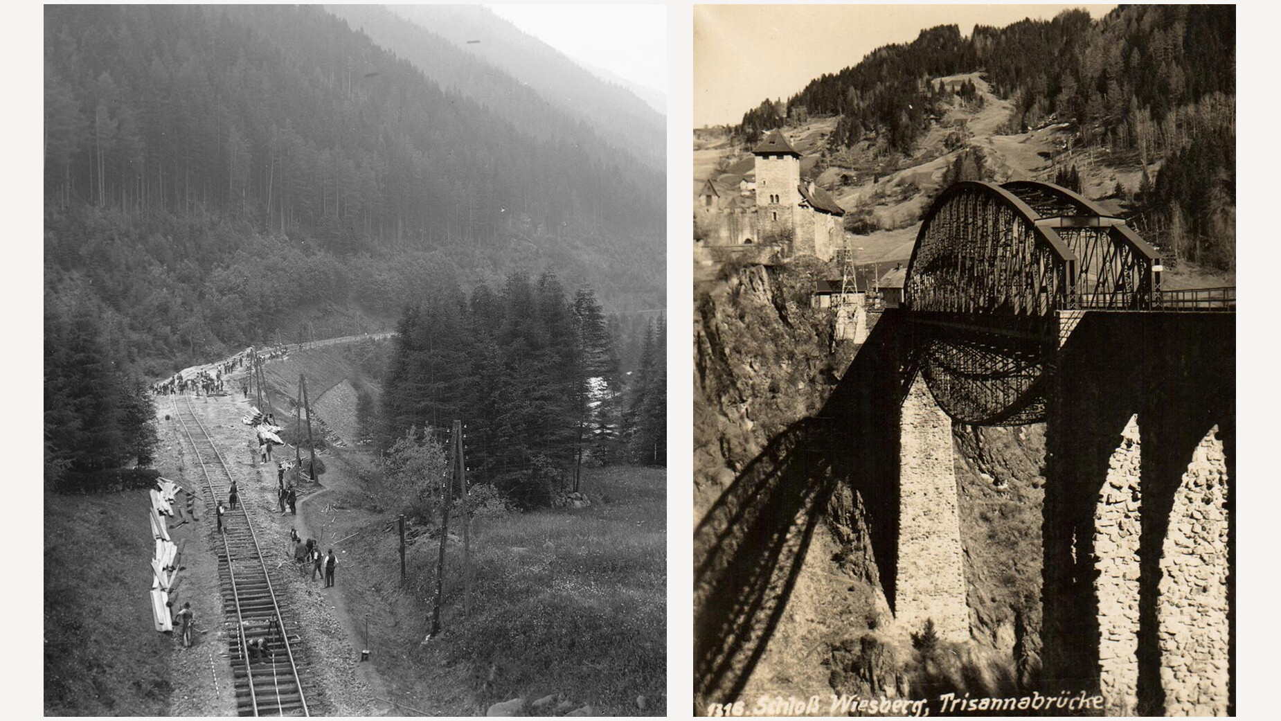 Zweiteilige historische Aufnahme: links Bauarbeiten an Bahnstrecke im Waldgebiet, rechts die Trisannabrücke mit Stahlkonstruktion und Talblick / Two-part historical image: left shows railway construction in forested area, right the Trisanna Bridge with steel structure and valley view