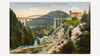 Kolorierte Postkarte mit Eisenbahn und Schloss Wiesberg, dramatische Perspektive auf Brücke und Tal / Colorized postcard showing train and Wiesberg Castle, dramatic view of bridge and valley