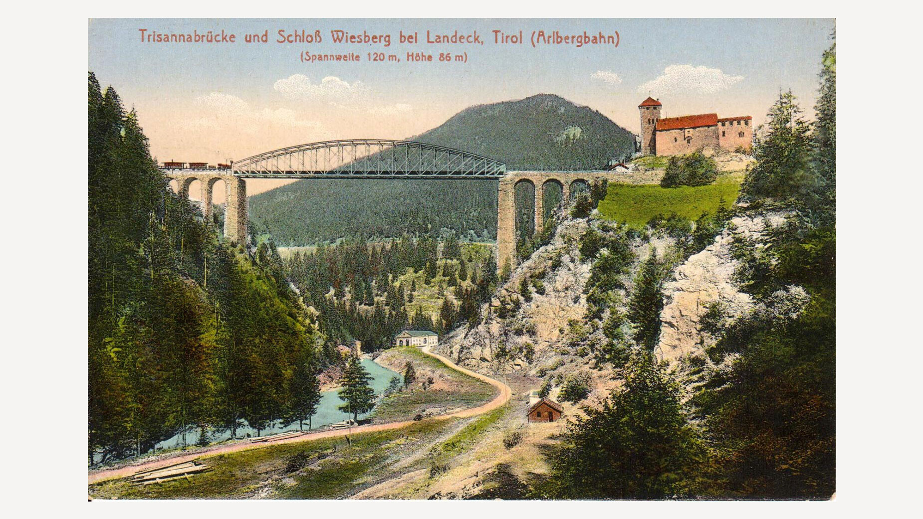 Kolorierte Postkarte mit Eisenbahn und Schloss Wiesberg, dramatische Perspektive auf Brücke und Tal / Colorized postcard showing train and Wiesberg Castle, dramatic view of bridge and valley