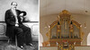 Josef Sies und Orgel in Nauders / Josef Sies and Organ in Nauders Porträt eines Mannes in Schwarz-Weiß neben barocker Kirchenorgel mit goldenen Verzierungen / Portrait of a man in black and white next to baroque church organ with golden ornaments