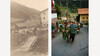 Kombibild aus historischem und modernem Almabtrieb mit geschmückten Tieren durch das Dorf / Split image of historical and modern cattle drive with decorated animals in village streets