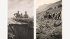 Almleben mit Kindern und Heuernte / Alpine life with children and hay harvest Zweigeteiltes Bild mit Kindern auf Hütte und Bäuerinnen bei der Heuernte am Hang / Split image showing children on a hut and women harvesting hay on a slope