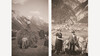 Zweifaches historisches Almfoto mit Heutransport durch Kühe und Bauern bei der Rückkehr vom Feld / Twin historical alpine photo with hay transport by cows and farmers returning from the fields