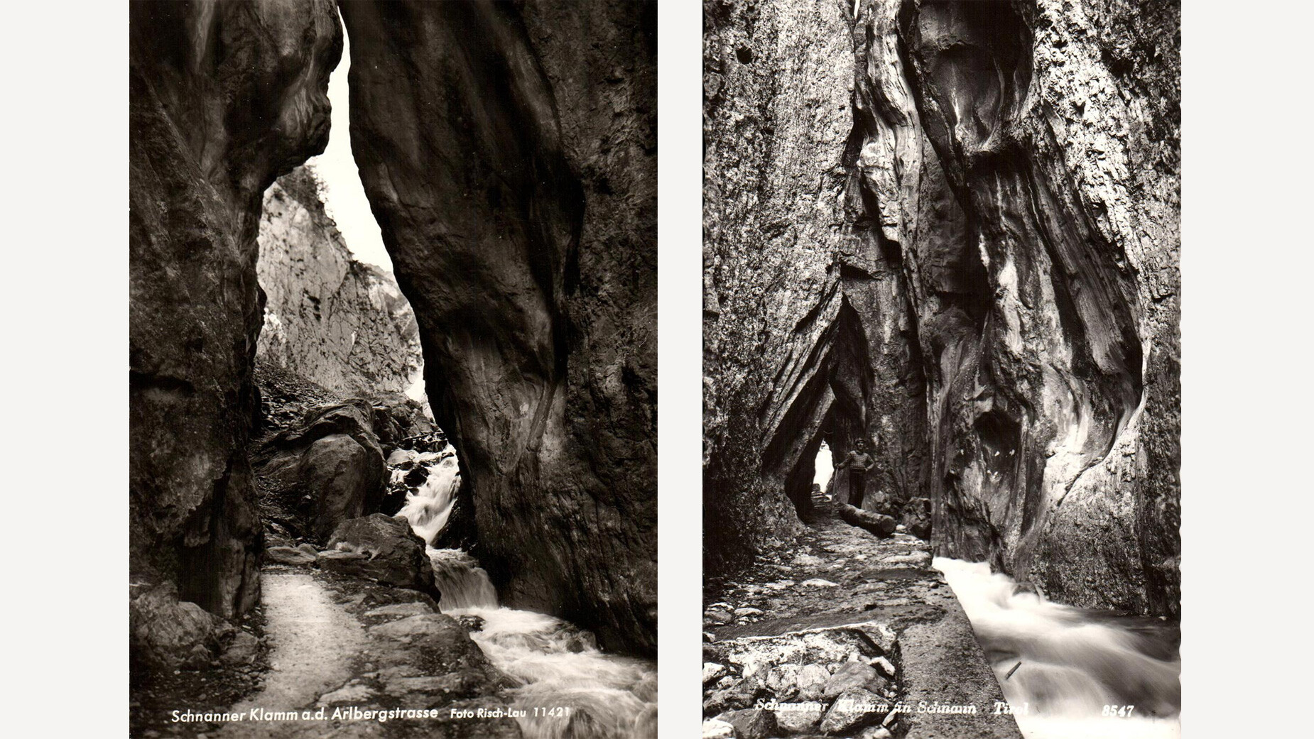 Zwei alte Schwarzweißaufnahmen der engen Schnanner Klamm mit Wasserlauf / Two old black and white images of the narrow Schnanner Klamm with water flow